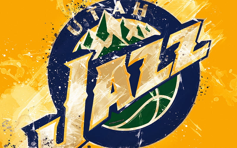 Utah Jazz grunge art, logo, american basketball club, yellow grunge background, paint splashes, NBA, emblem, Salt Lake City, Utah, USA, basketball, Western Conference, National Basketball Association, HD wallpaper