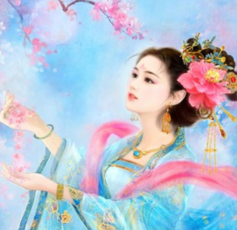 Chase the Moon, pretty, divine, bonito, sublime, sweet, nice, beauty, long hair, gorgeous, female, lovely, girl, oriental, flower, chinese, lady, angelic, maiden, HD wallpaper