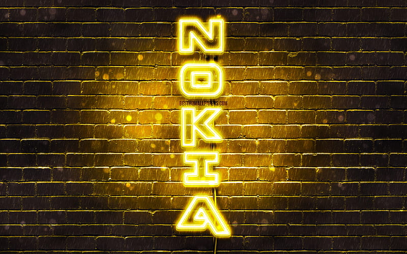 Nokia yellow logo, vertical text, yellow brickwall, Nokia text logo, creative, Nokia logo, artwork, Nokia, HD wallpaper