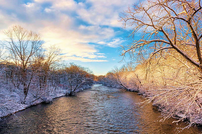Cuyahoga Valley National Park after a snowstorm, Ohio, snow, trees, usa, river, clouds, sky, HD wallpaper