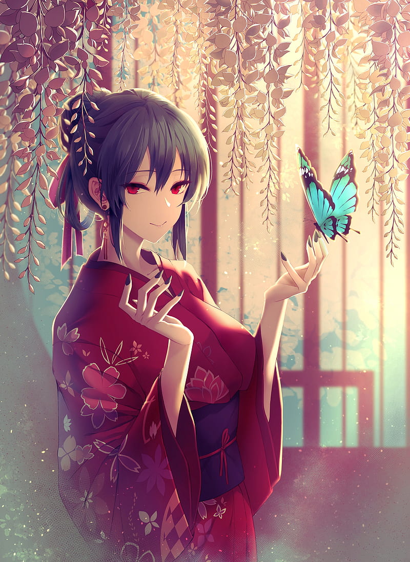 anime girl, kimono, blue butterfly, short hair, red eyes, Anime, HD phone wallpaper