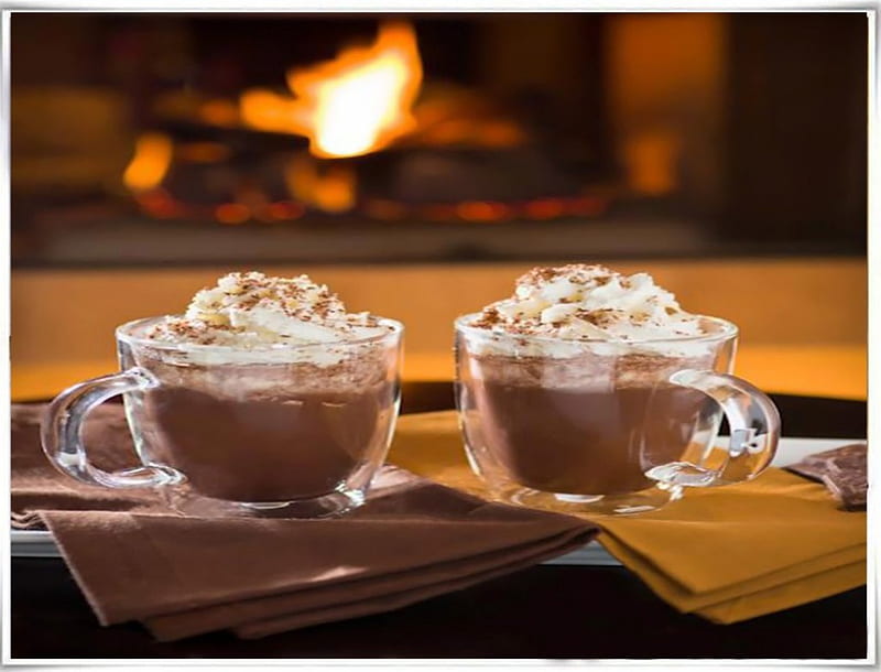 Hot chocolate next to the fireplace, fireplace, chocolate, drinks, hot, cups, winter, HD wallpaper
