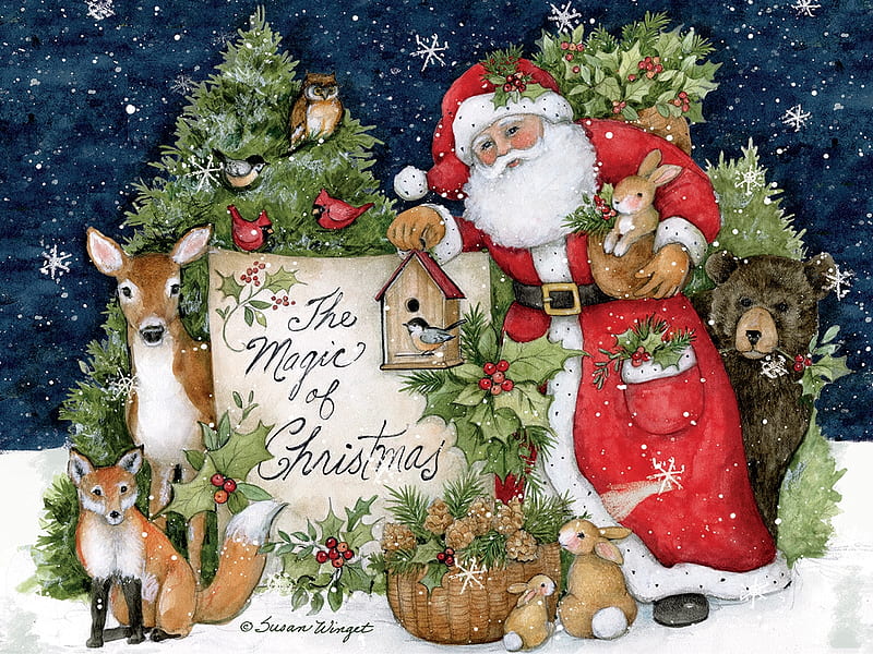 Christmas Fabric | Susan Winget Santa Claus Sleigh Deer Tree White | YARD