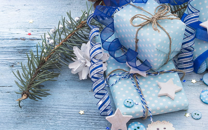 Christmas, blue gift box, New Year, ribbon, decoration, Merry Christmas, HD wallpaper