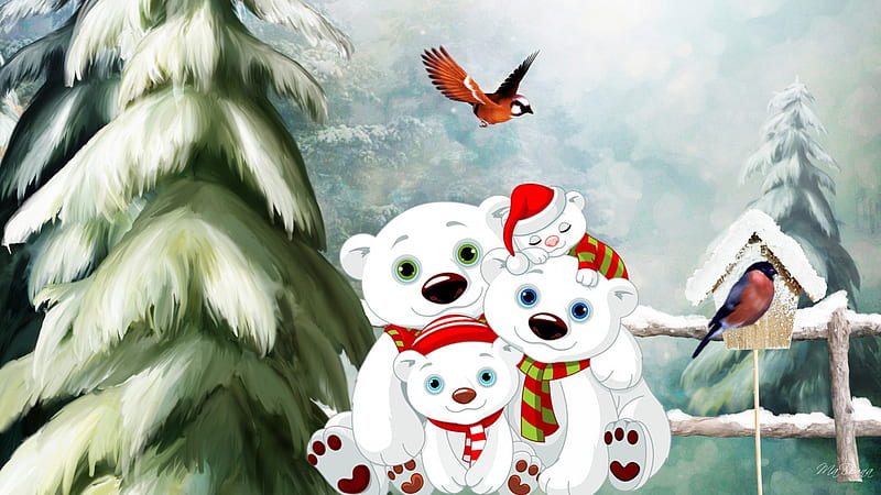 Polar Bear Family, Christmas, family, bear, birds, trees, winter, bird houses, snow, love, cubs, bears, HD wallpaper
