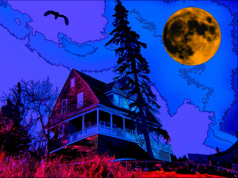 At the edge..., red, house, isolated, yellow, edge, clouds, moon, surreal, blue, night, mystical, colorfull, colors, sky, trees, abstract, mist, 3d, crow, HD wallpaper