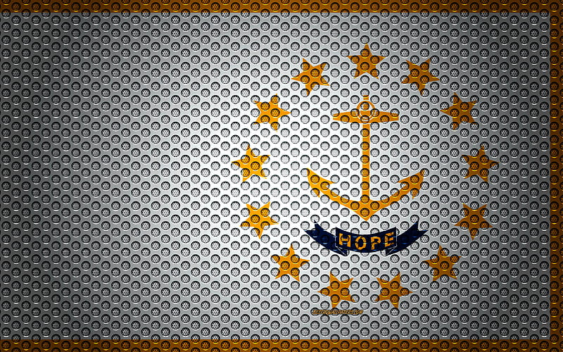 Flag of Rhode island American state, creative art, metal mesh texture, Rhode island flag, national symbol, Rhode island, USA, flags of American states, HD wallpaper