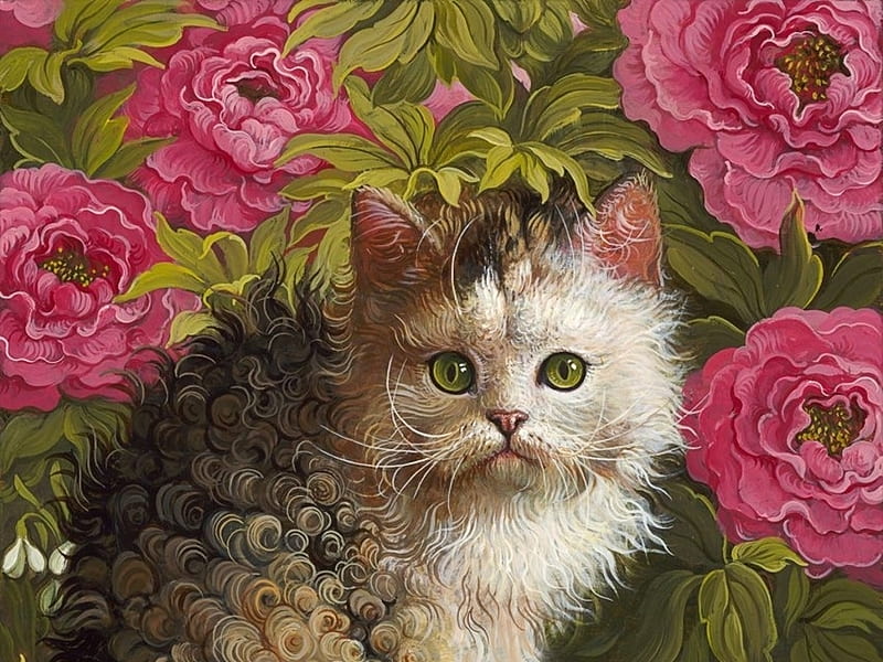 Kitten, yana movchan, painting, flower, pink, cat, pisici, art, green, pictura, HD wallpaper