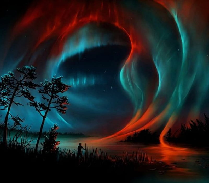 Magical Night Sky, magical, bonito, man, watching, sky, lake, night, HD wallpaper