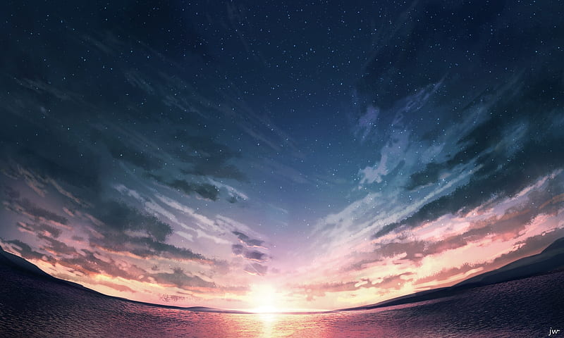 anime landscape, sunset, clouds, horizon, Anime, HD wallpaper