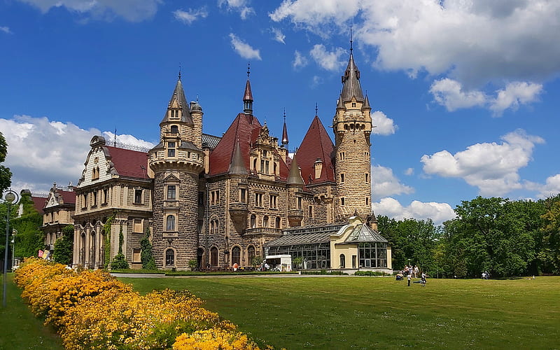 Moszna Castle, historic castle, summer, castles of Poland, beautiful castle, landmark, Moszna, Poland, HD wallpaper