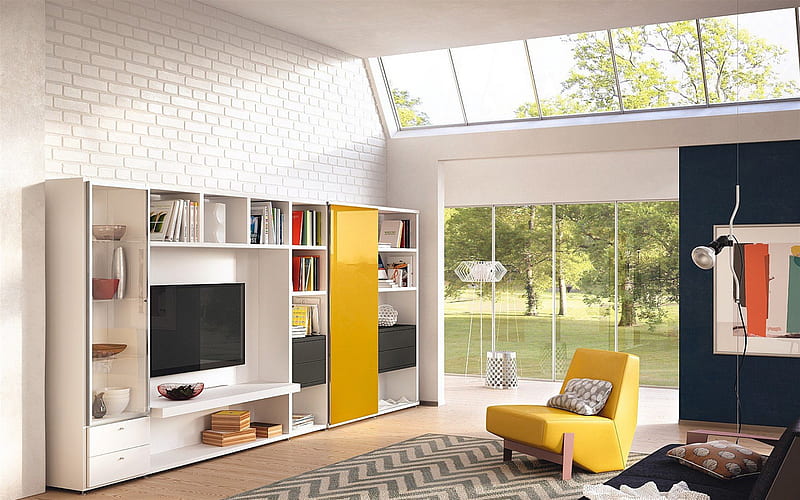 stylish modern interior, white brick wall in the living room, loft style, living room, modern interior design, HD wallpaper