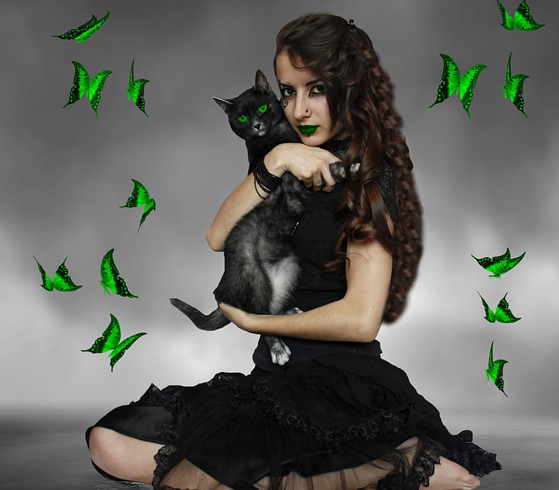 ✫Voice of Green Lovers✫, pretty, bonito, digital art, women, hair, flutter, gothic, green, manipulation, girls, animals, voice, female, models, lovely, colors, black, butterflies, mysterious, cat, cool, eyed, HD wallpaper