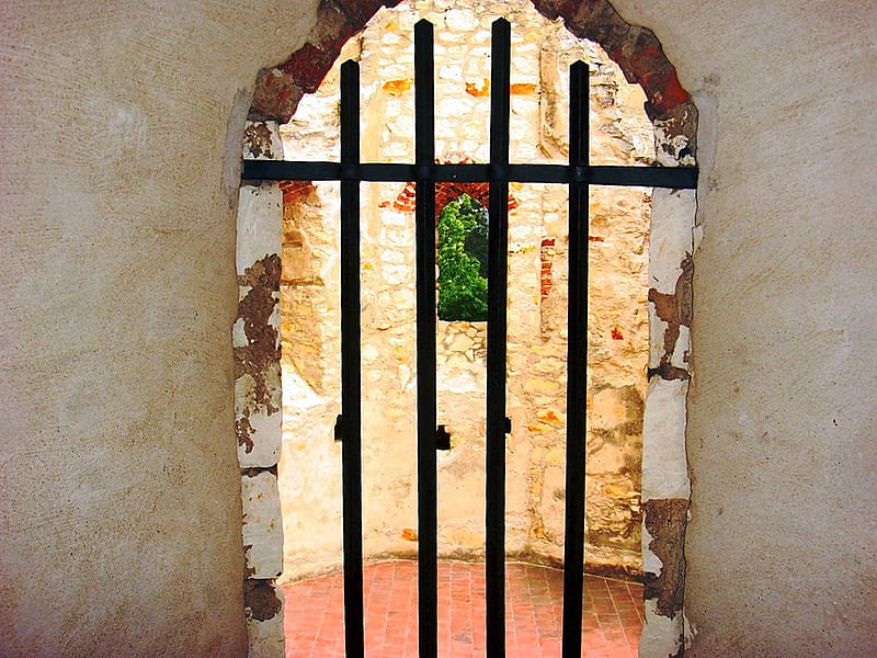 Behind bars, bars, window, view, old castle, HD wallpaper