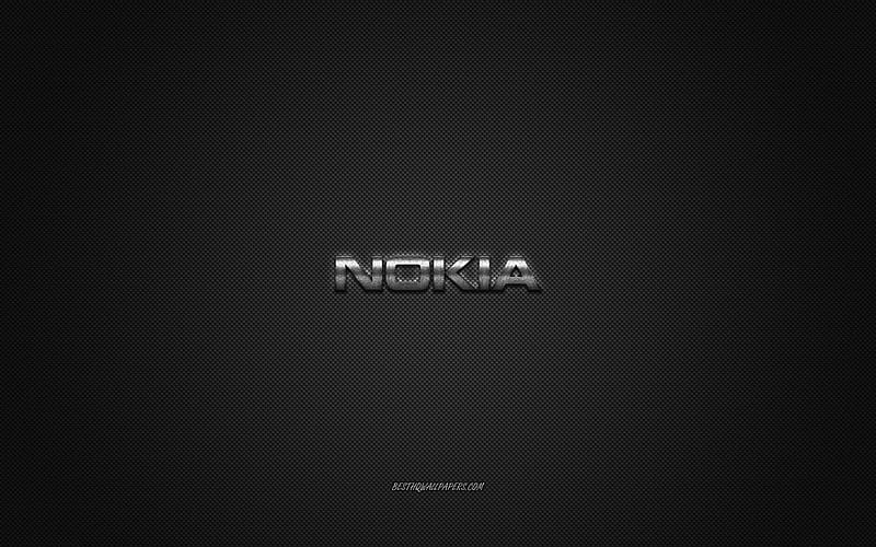Nokia logo, silver shiny logo, Nokia metal emblem, for Nokia smartphones, gray carbon fiber texture, Nokia, brands, creative art, HD wallpaper