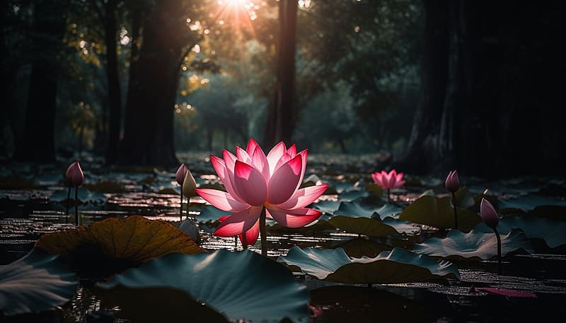 Lotus and buds in the water, Water, Lotus, Pink, Petals, Waterlily, HD wallpaper