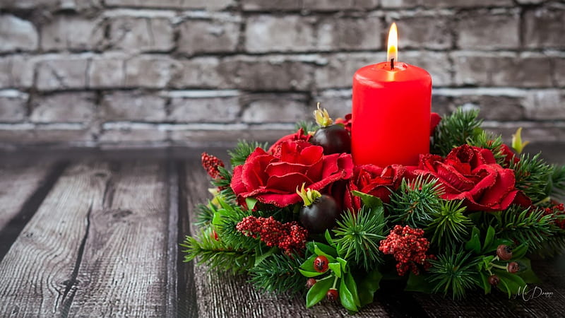 Christmas Centerpiece, red roses, bricks, stone, green, red candle, berries, fir, HD wallpaper