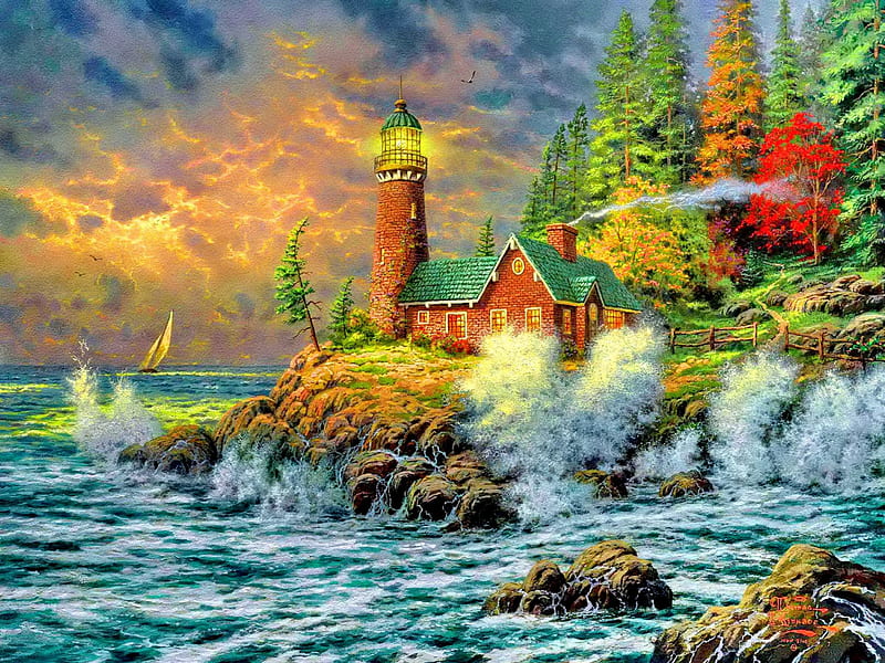 Coastal House Lighthoue, forest, rocks, house, cottage, ocean, waves, sky, clouds, lighthouse, sea, beach, costal lighthouse, paradise, plants, nature, splendo, HD wallpaper