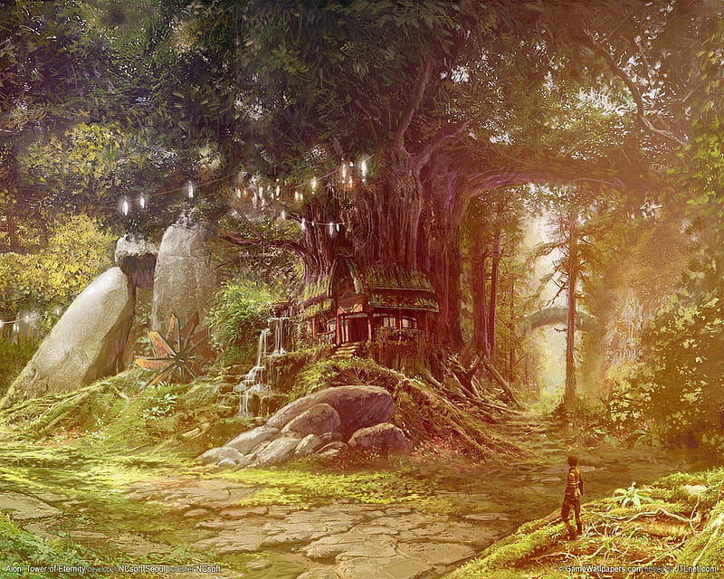 Secret Forrest Retreat, house, anime, scenery giant tree, waterfall, secret, water feature, HD wallpaper
