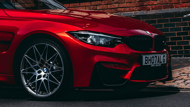 red BMW vehicle park on road, HD wallpaper
