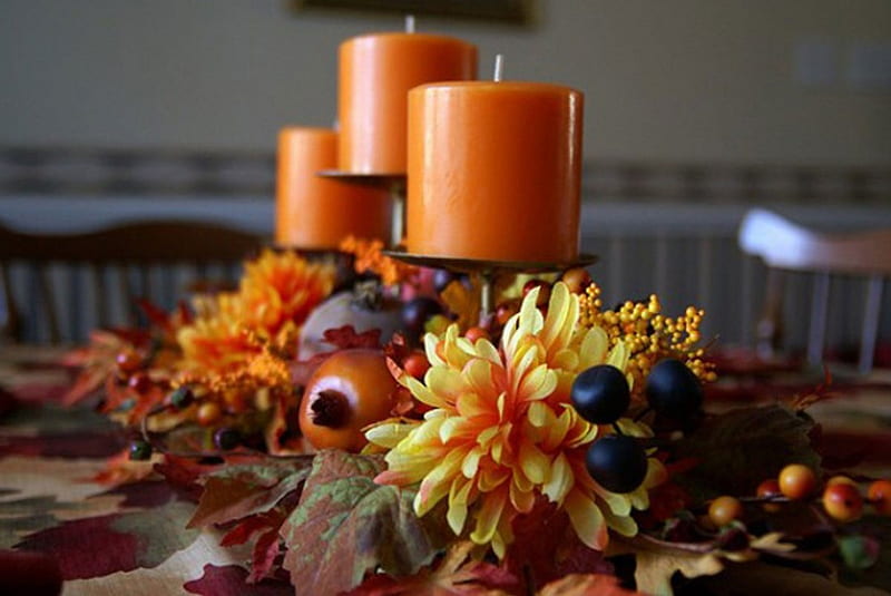 Autumn centerpiece, table, fall, autumn, centerpiece, orange, fruits, candles, leaves, flowers, season, HD wallpaper