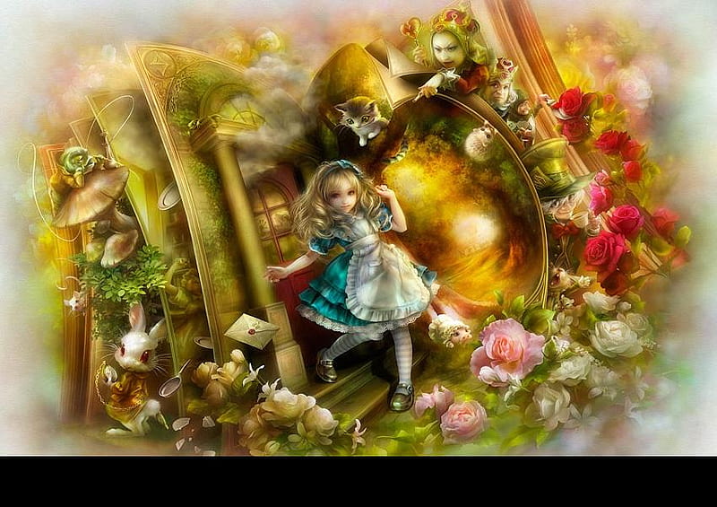 Alice in Wonderland, red, art, rabbit, alice, shu, queen, mushroom, wonderland, clock, roses, cat, cheshire, mirror, white, letter, HD wallpaper