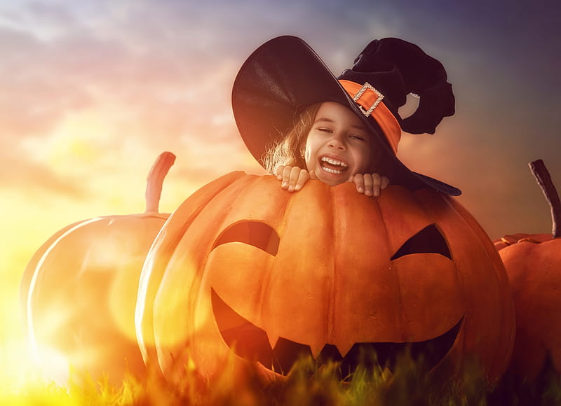 Happy Halloween!, witch, little, orange, halloween, hat, girl, pumpkin ...