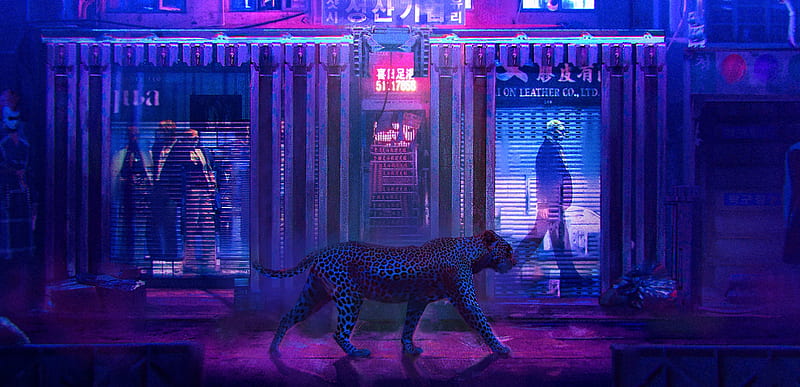 Cyberpunk cat, fantasy, sergii golotovskiy, luminos, purple, pink, panther, cat, blue, HD wallpaper