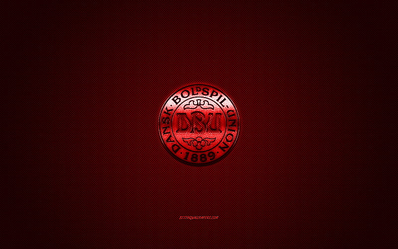 Denmark national football team, emblem, UEFA, red logo, red fiber background, Denmark football team logo, football, Denmark, HD wallpaper
