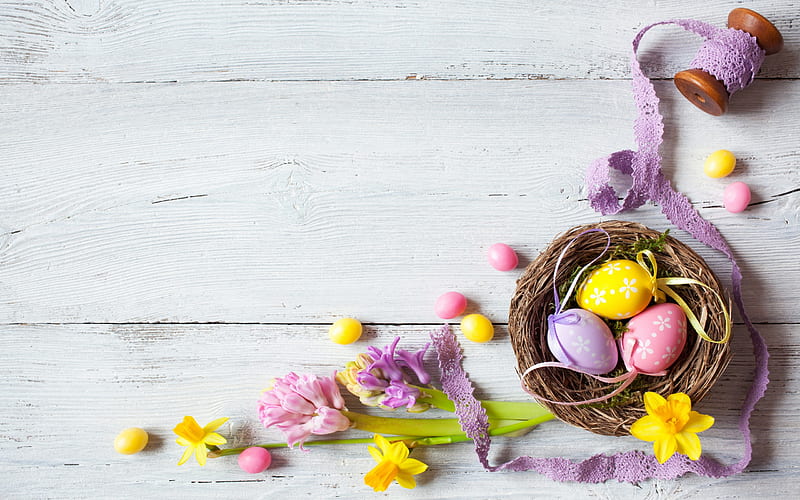 Easter, painted eggs, holiday attributes, spring, religious holidays, spring flowers, HD wallpaper