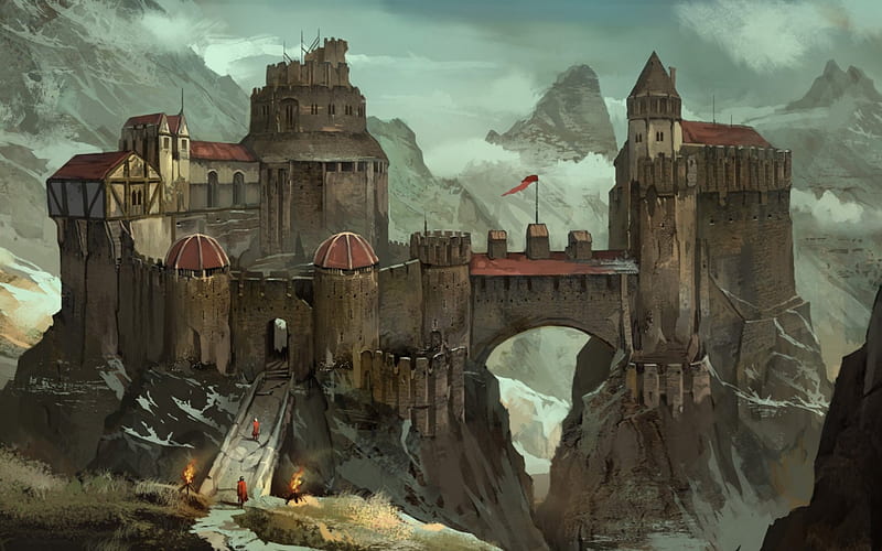 Castle, art, fantasy, medieval, bridge, digital, HD wallpaper