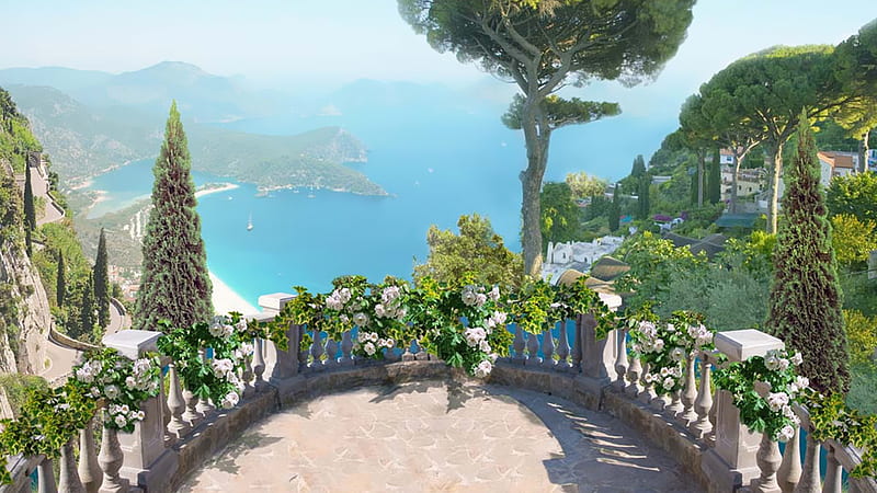 Above the Sea, view, balcony, flowers, wall, overlook, sea, HD wallpaper