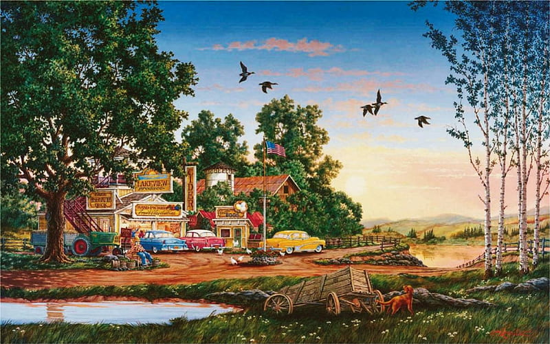 Cider Stand, pond, carros, house, birds, trees, artwork, dog, HD wallpaper