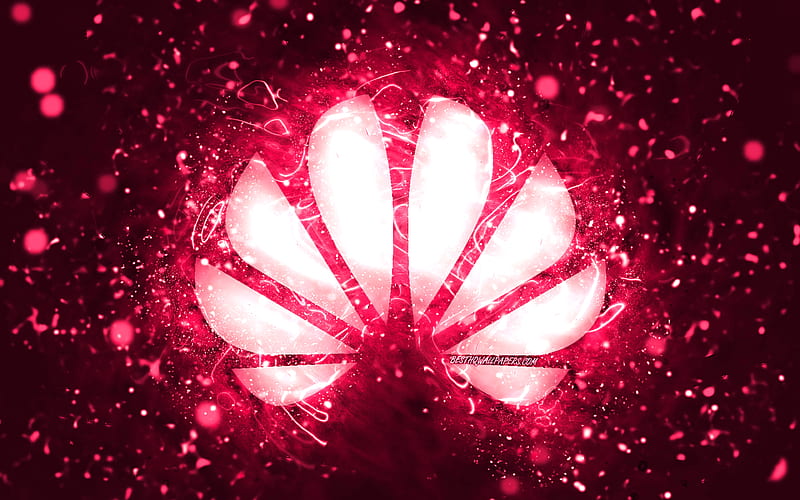 Huawei pink logo pink neon lights, creative, pink abstract background, Huawei logo, brands, Huawei, HD wallpaper