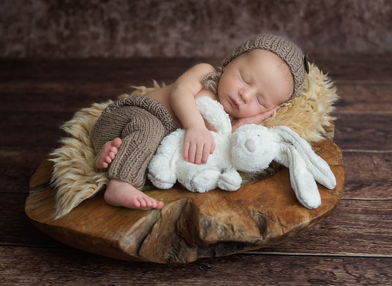 Sleeping baby, rabbit, sleep, brown, toy, baby, cute, copil, bunny, child, white, fur, wood, HD wallpaper