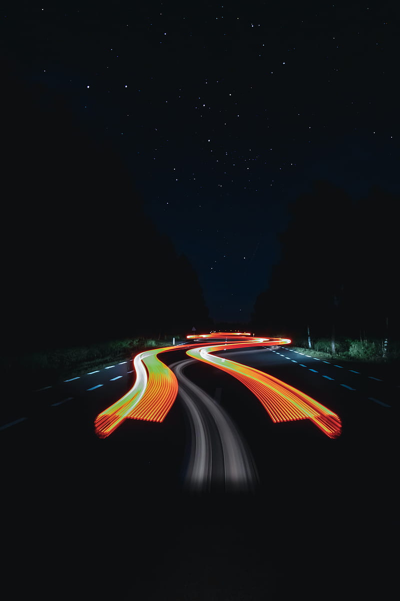 road, long exposure, glow, starry sky, night, HD phone wallpaper