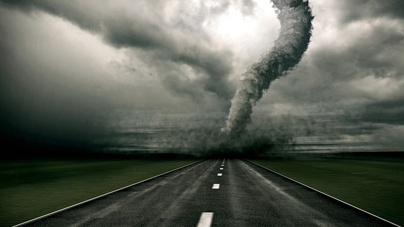 tornado crossing the highway, highway, blacktop, wind, gris, clouds, tornado, HD wallpaper