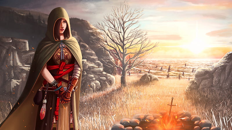 Dark Souls Fantasy Girl Near Sword In Fire During Sunset Games, HD wallpaper