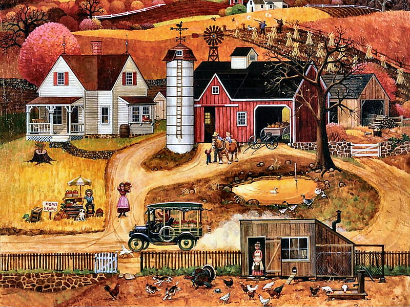 Home Grown, architecture, bonito, illustration, artwork, farm, painting, wide screen, chickens, scenery, art, planting, horses, sheep, turkey, crops, landscape, farm animals, HD wallpaper