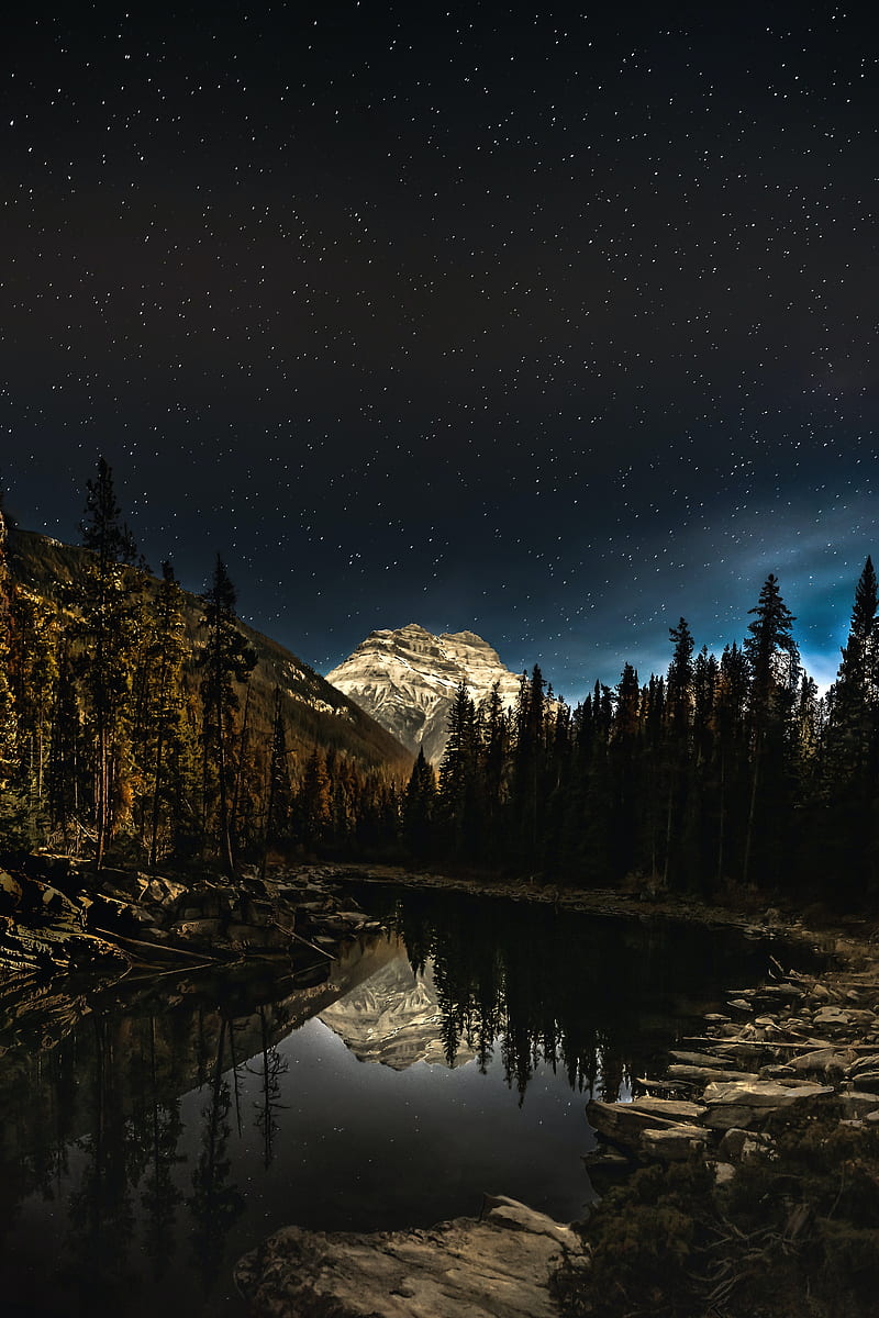 lake, mountain, forest, night, landscape, HD phone wallpaper