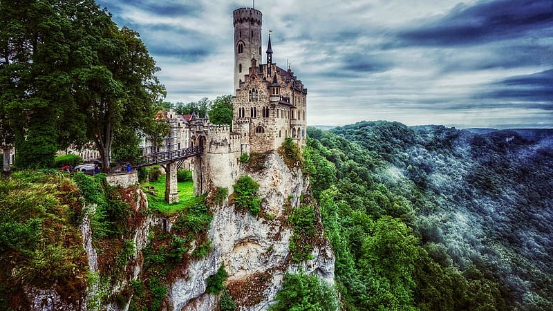 Lichtenstein Castle, Germany, rocks, trees, building, landscape, clouds, nature, sky, HD wallpaper