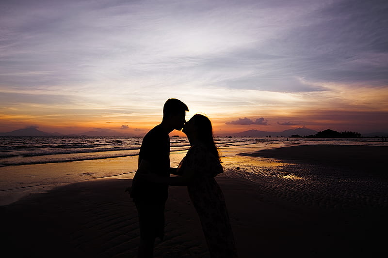 love, silhouette, kiss, sunset, HD wallpaper