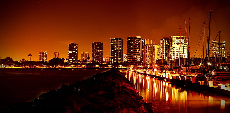 night city, glow, reflection, HD wallpaper