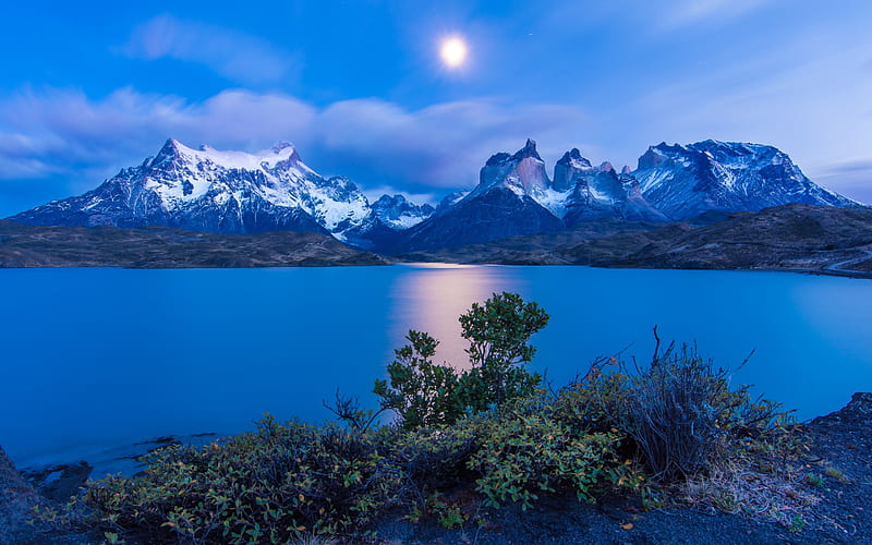 Pehoe Lake, night, moon, mountain landscape, Patagonia, Patagonian Andes, Torres del Paine National Park, Chile, HD wallpaper