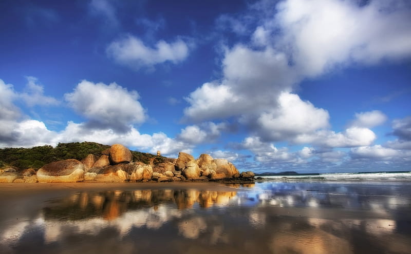 rocky beach in australia r, beach, rocks, mound, r, sky, sea, HD wallpaper