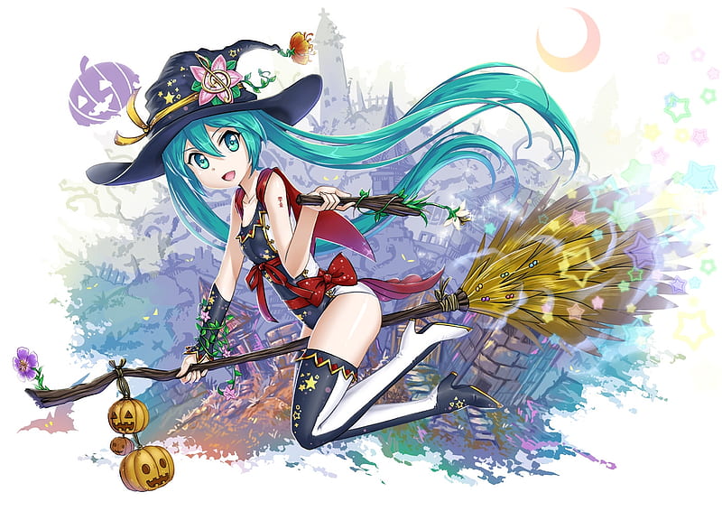 Hatsune Miku, vocaloid, witch, halloween, manga, tagme, hat, fantasy, girl, anime, white, blue, HD wallpaper
