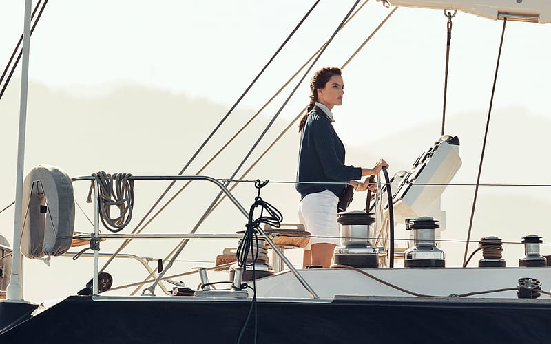 Alessandra Ambrosio, woman at the helm, sailboat, yacht, Brazilian supermodel, beautiful woman, hoot, Omega, Omega Seamaster Aqua Terra, HD wallpaper