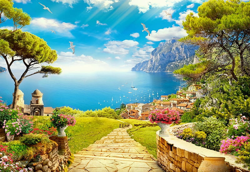 Paradise view, mediterraneo, view, town, spring, sky, lake, sea, paradise,  summer, HD wallpaper | Peakpx