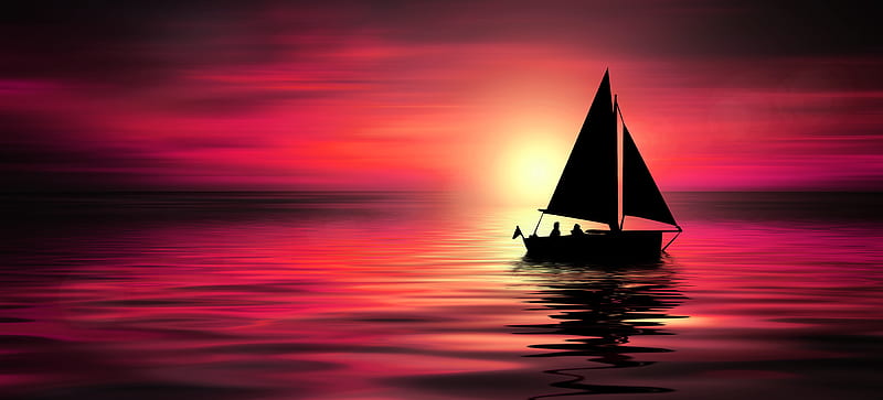 sail, silhouettes, sea, horizon, night, HD wallpaper