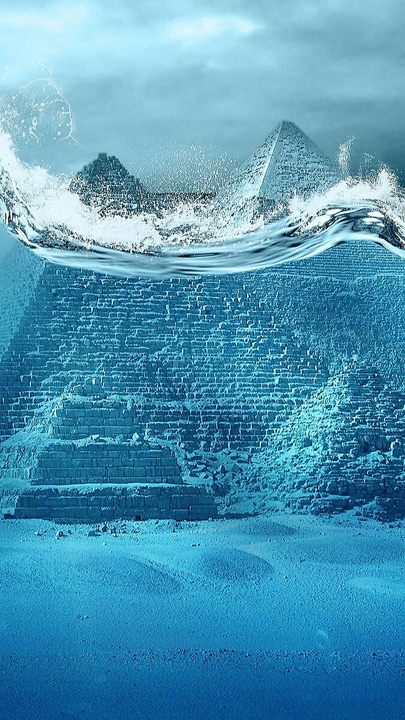 tsunami, art, blue, egypt, giza, ocean, pyramid, sand, sky, water, wave, HD phone wallpaper